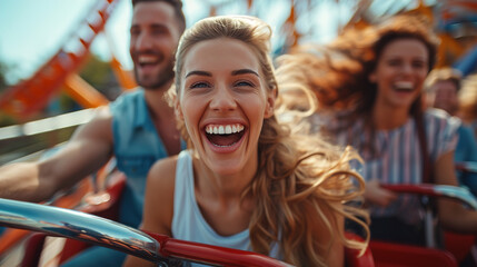 Fototapeta na wymiar Cheering friends riding roller coaster at amusement park