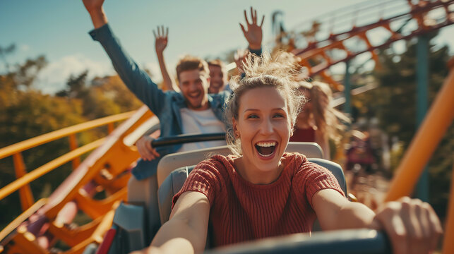 Cheering friends riding roller coaster at amusement park
