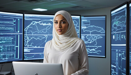 Muslim woman IT engineer in data center using AI neural network on digital screen. Cloud computing expert using laptop for cyber security in technology facility.