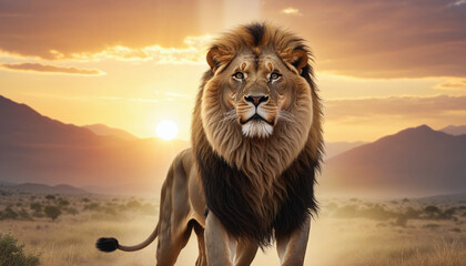 Powerful lion representing the Lion of Judah in a ardent sunset setting. Christian themed illustration created with artificial intelligence. - obrazy, fototapety, plakaty