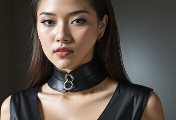 Young woman with collar in indoor setting