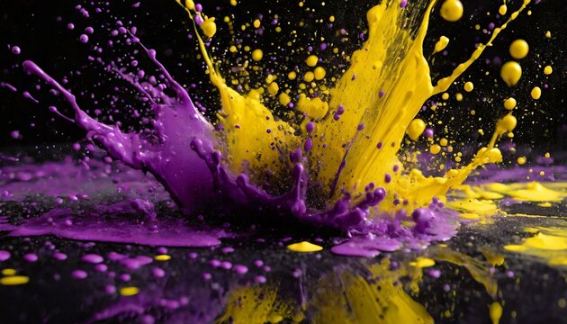 abstract background with splashes.a black background adorned with playful splashes of purple and yellow paint, adding a touch of vibrancy to your visual creations.