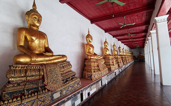 Ancient beleave art buddha images are decoration in the balcony of building temple.