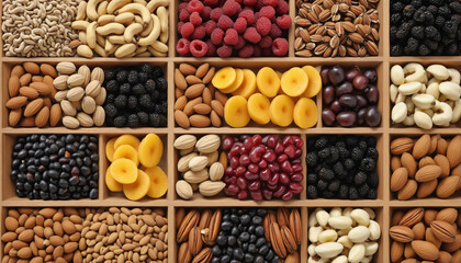 assorted nuts and dried fruit background. organic food in wooden bowls, top view.