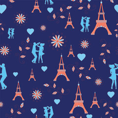 Valentine's Day vector seamless pattern. floral, Eiffel Tower, hearts, leaves, flowers, couple, romantic background