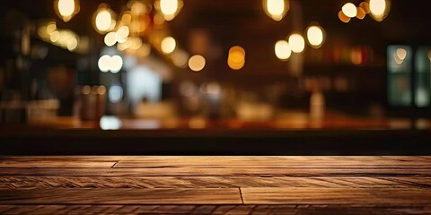 Abstract blurred wooden table in modern urban setting. Empty bar counter with bokeh lights ideal...