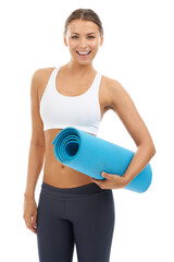 Woman, portrait and yoga mat for health fitness in studio for flexibility, exercise or training. Female person, face and white background for mockup space or self care wellness, performance or strong