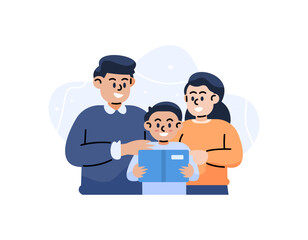 Family time. Illustration of parents accompanying their children to read books. Father and mother watched his son who was studying. husband, wife, and son. flat illustration design. graphic elements