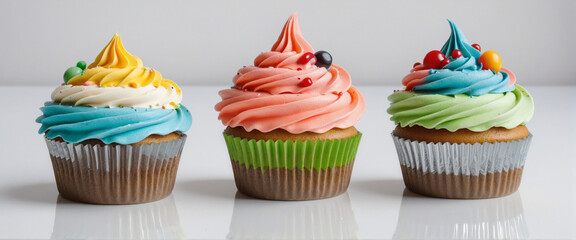 Vibrant cupcakes on a white background