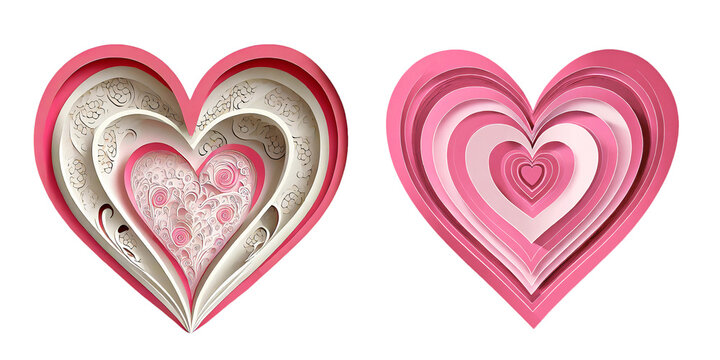 Gorgeous Pink and White 3D Heart Shaped Icons of Papercutting Art on Transparent Background, PNG file