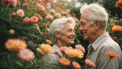 Romantic portrait of gorgeous elderly couple in a flower garden. Highly detailed