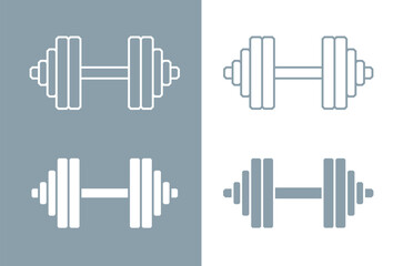 Dumbbell icons set. Symbol of strength or training. An attribute of sport, achievement, or athlete.