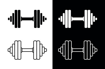 Dumbbell icons set. Symbol of strength or training. An attribute of sport, achievement, or athlete.