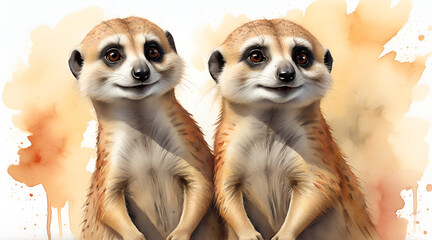 Two cute meerkats are standing side by side and looking at one place. animal illustration. Generative Ai