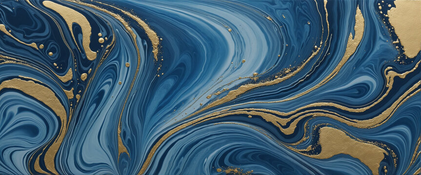 Blue and gold abstract marbled background with creative colors. Beautifully painted design.