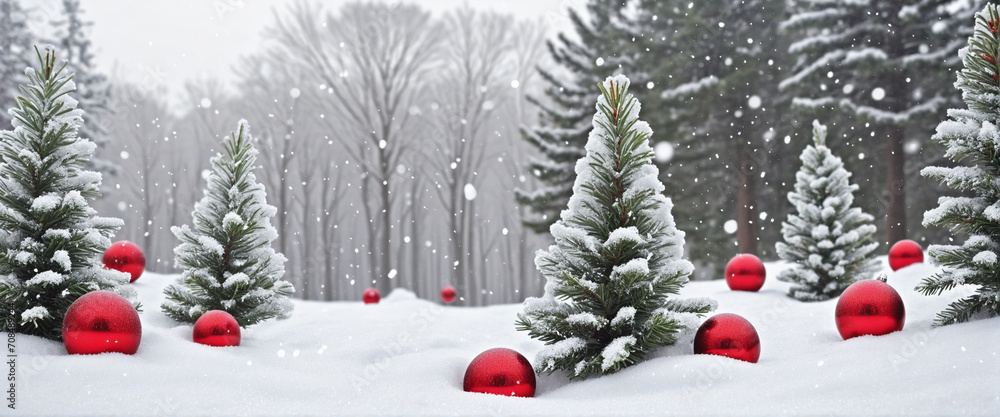Poster festive christmas scene with snow-covered tree adorned in red ornaments and handmade toys in snowy f