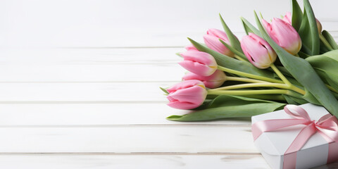 Gift box with pink tulips on white wooden board with copy space