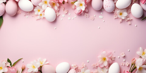 Fototapeta na wymiar Border of Easter eggs with spring flowers and leaves. Top flat view with pastel pink and white colors background