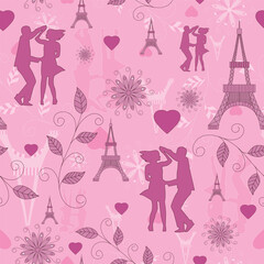 Valentine's Day vector seamless pattern. floral, Eiffel Tower, hearts, leaves, flowers, couple, romantic background