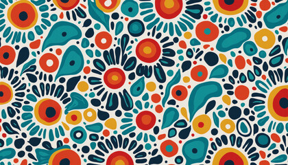 Colorful abstract organic shape print seamless pattern illustration in retro style. Trendy primary...