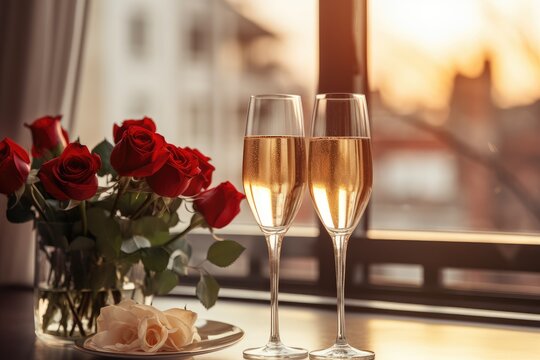 Romantic Rendezvous: Red Roses and Sparkling Wine Await a Toast to Love. Generative AI