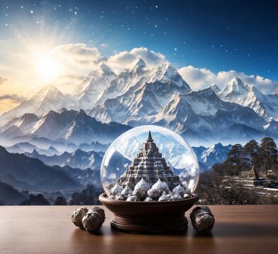 Snow globe with chorten towers on wooden table against snowy mountains