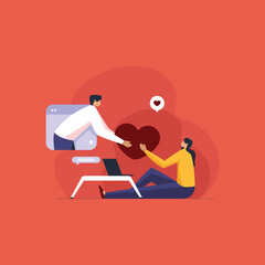 Young girl and boy in love relation, couple sharing love heart, dating app, Valentine day background concept