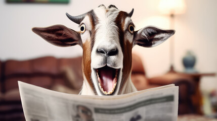 shocked goat reading a newspaper - obrazy, fototapety, plakaty