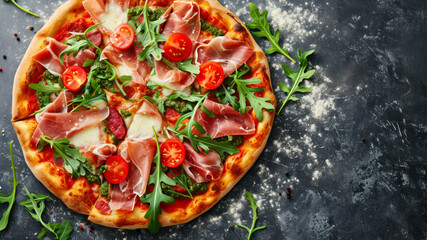Pizza with prosciutto, arugula, cherry tomatoes and mozzarella cheese on a dark background
