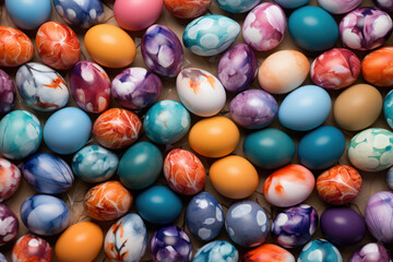 Fototapeta na wymiar Top view or flatlay of different colorful home colored easter eggs with bright colors and decorations lying on table. Happy Easter religious spring celebration concept