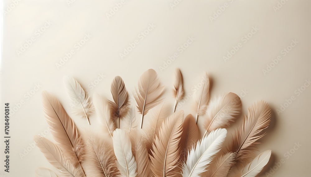Poster a serene and stylish minimalistic background featuring delicate soft feathers gently arranged, provi