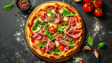 Pizza with prosciutto, arugula and cherry tomatoes on a black background