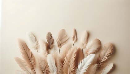 A serene and stylish minimalistic background featuring delicate soft feathers gently arranged, providing ample copy space for text or design elements.