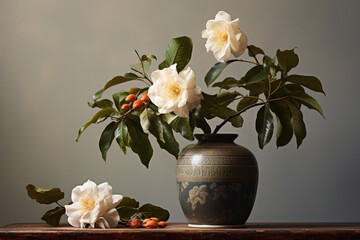 Naklejka na ściany i meble Beautiful camelia flowers in an earthen vase