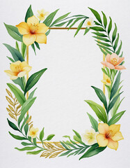 Artistic watercolor floral design with green leaves and gold geometric border