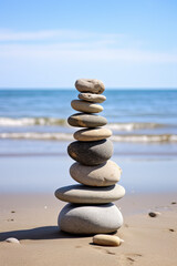 Stack of round smooth stones on a seashore. Mental health and meditation concept