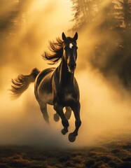Czarny Galop w Mrocznym Zachodzie: Majestatyczny Koń w Świetle Zachodzącego Słońca