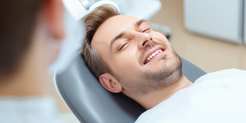 A photo of a handsome adult man client patient at a dental clinic. cleaning and repairing teeth at a dentist doctor. laying on the orthodontic dental chair