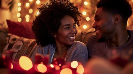 A close-up shot of a couple exchanging heartfelt glances while enjoying a romantic movie night, surrounded by plush cushions and dim lighting, the high-definition image capturing the essence of Valent - obrazy, fototapety, plakaty