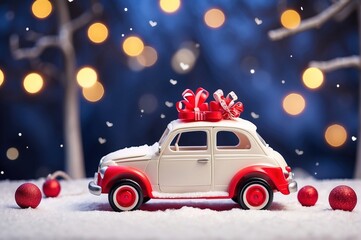 Car toy with valentine decoration, on snow night forest background