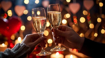  A close-up shot of a couple toasting to their love with glasses of champagne, surrounded by Valentine's Day decorations, the high-definition image exuding warmth and celebration