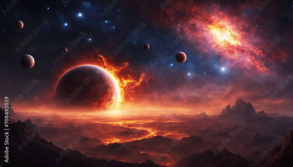 Poster fiery planet with asteroids and magical elements in digital art landscape