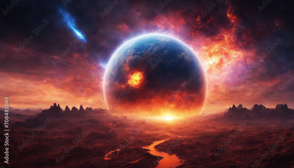 Wall mural fiery planet with asteroids and magical elements in digital art landscape
