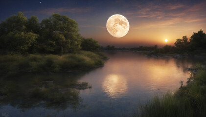 night landscape environment harvest moon over a glittering lake lush vegetation birchwood trees,...