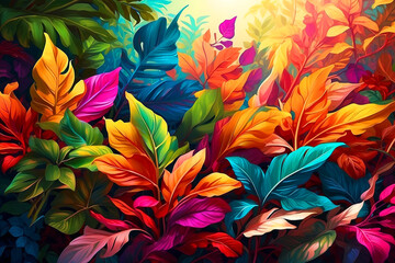 "Vivid Foliage Symphony: Multicolor Leaves Dance in Tropical Paradise" AI-generated.