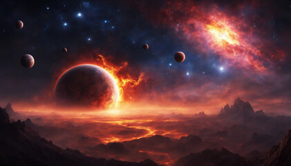 Fototapeta premium Fiery planet with asteroids and magical elements in digital art landscape