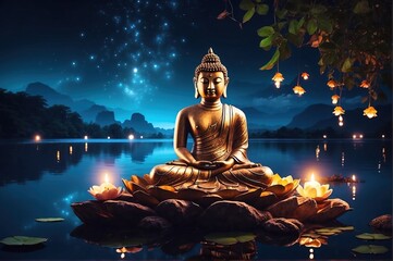 buddha with light decoration, on top of water lake night background
