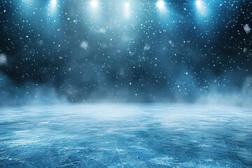 Ice. Winter background. Blue ice floor texture and mist. Snow and ice background