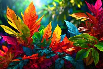 "Vivid Foliage Symphony: Multicolor Leaves Dance in Tropical Paradise" AI-generated.