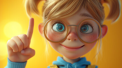 3D girl in glasses on a yellow background